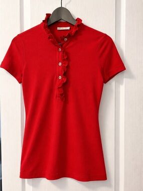 Tory Bunch Red Ruffle-Trim Short Sleeve Women's Top